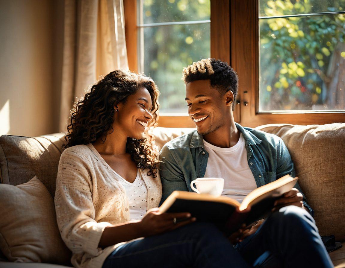 A couple sitting closely together on a cozy couch, sharing a moment of laughter and connection, with soft, warm lighting around them. In the background, dappled sunlight filters through a window, casting romantic shadows. Include elements like intimate decor, an open book on relationships, and a steaming cup of tea to suggest comfort and closeness. super-realistic. warm tones. soft focus.