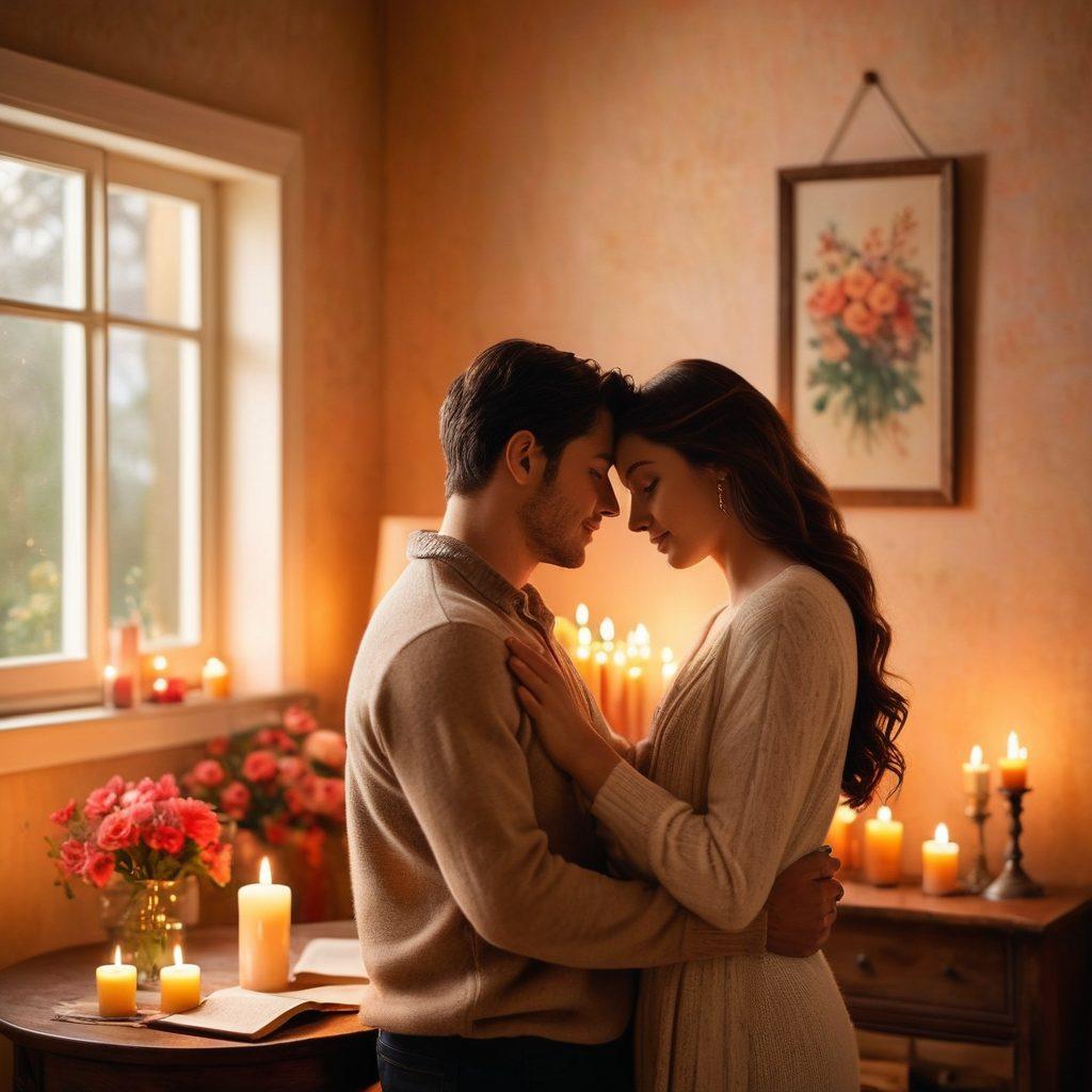 A warm and inviting scene depicting a couple embracing in a cozy, softly lit room adorned with candles and flowers, symbolizing intimacy and connection. Include elements like a heart-shaped pendant, open books on love and communication, and a gentle glow creating an atmosphere of passion and trust. The background should be filled with soft, dreamy colors that evoke warmth and closeness. romantic, vibrant colors, soft focus.