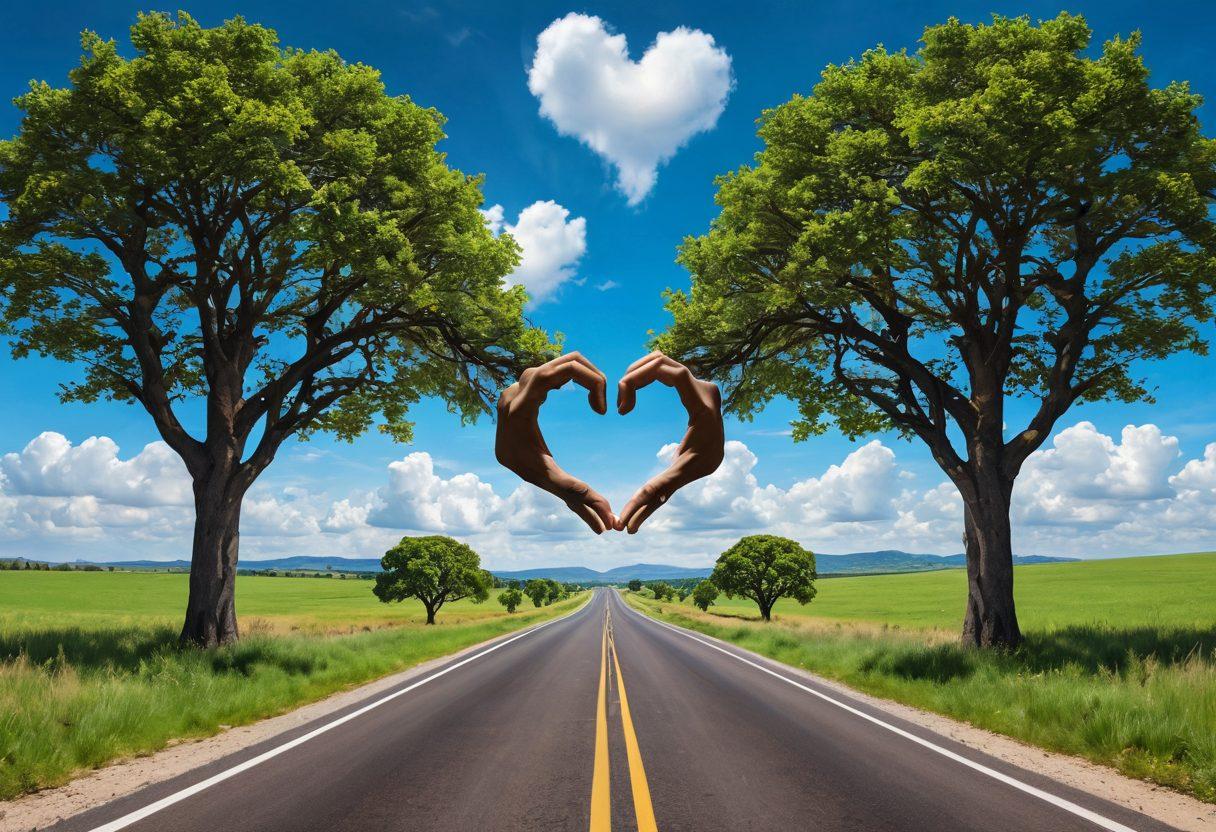 An open road symbolizing journey, flanked by vibrant, intertwined trees representing connection, with two hands reaching towards each other in the foreground, displaying unity and affection. The background shows a clear sky with soft clouds, indicating hope and serenity. Add subtle symbols of love, like hearts and infinity signs, blended into the landscape. super-realistic. vibrant colors. serene atmosphere.